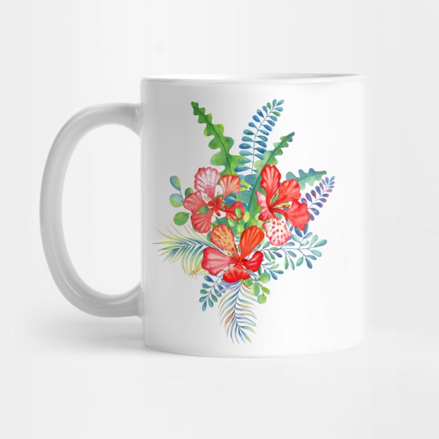 Tropical red Delonix flowers and palm leaves bouquet by likapix